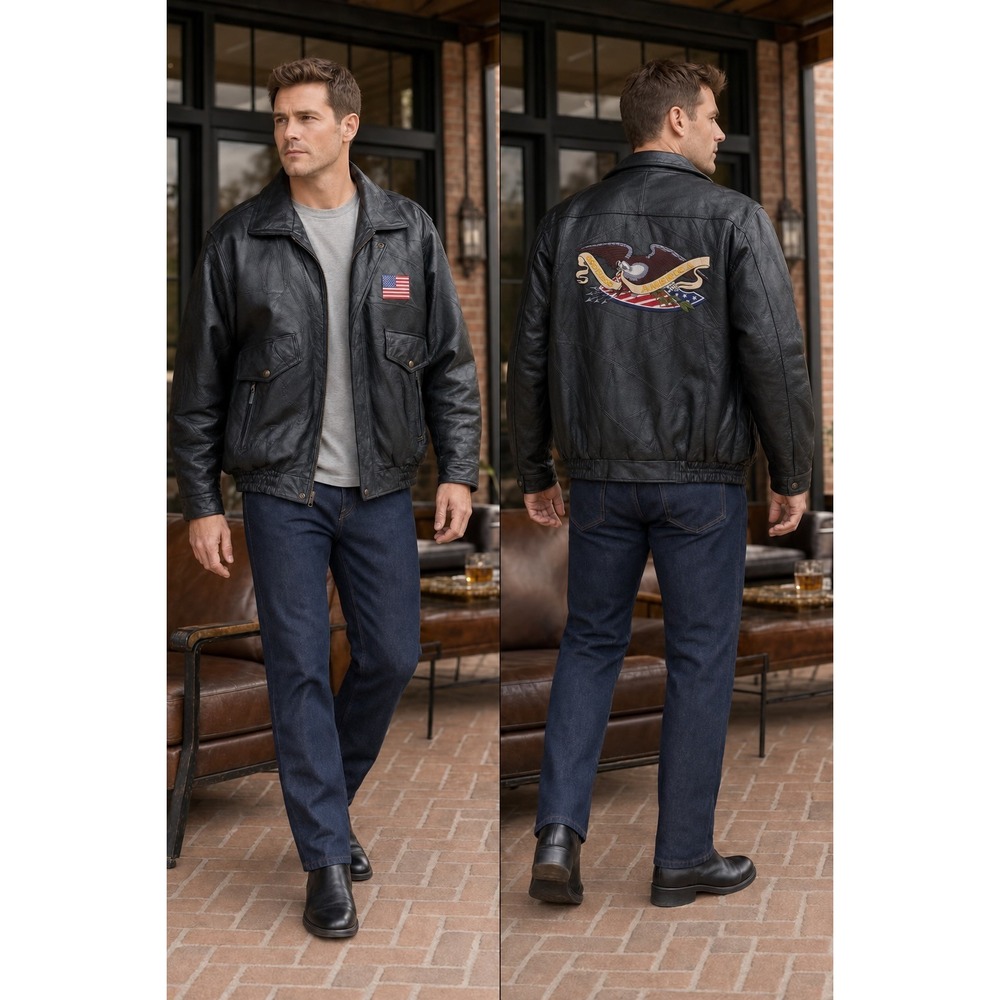 Vintage Leather Bomber Jacket Men's L Black Patchwork Eagle USA Flag Unused